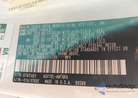 2011 Toyota Venza из США, поврежденный, VIN 4T3ZA3BB4BU054713